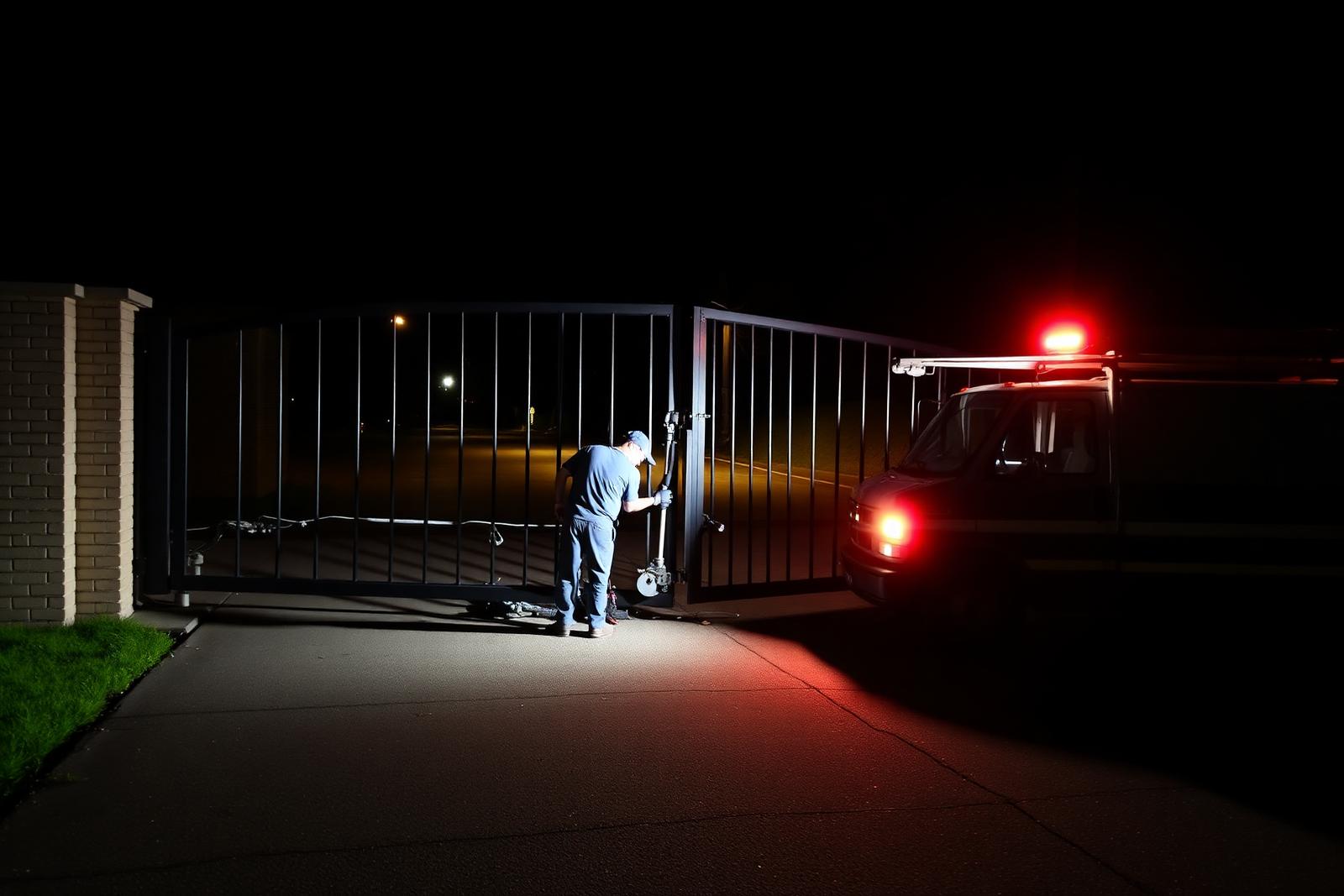 Person opening gate at night with vehicle.