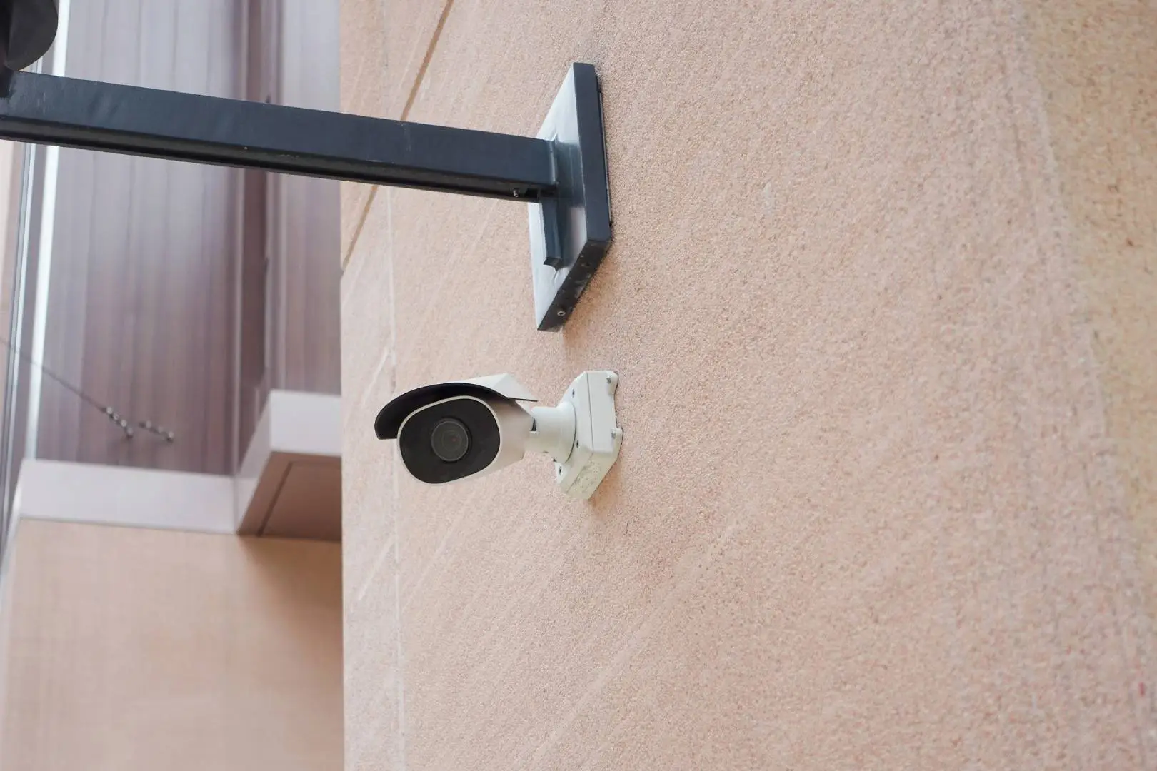 Security camera mounted on a wall